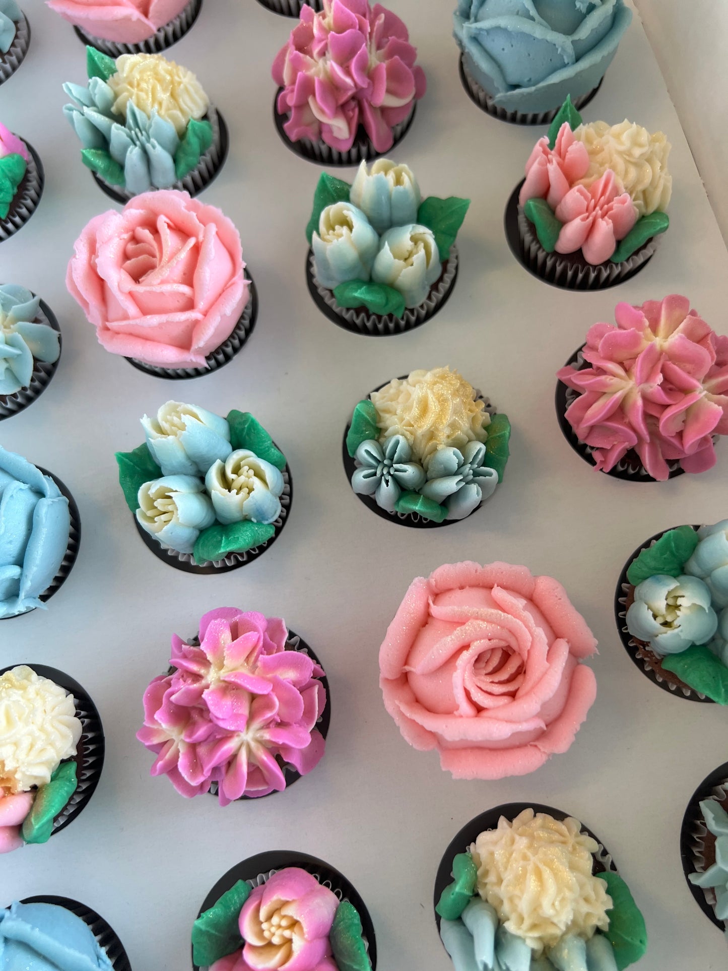 PINK & BLUE - Box of Mini 24 Floral Cupcakes - Edible Florals - Classic Mini 24 - Edible Arrangements - Fresh and Delicate Cupcake Creations - Dessert