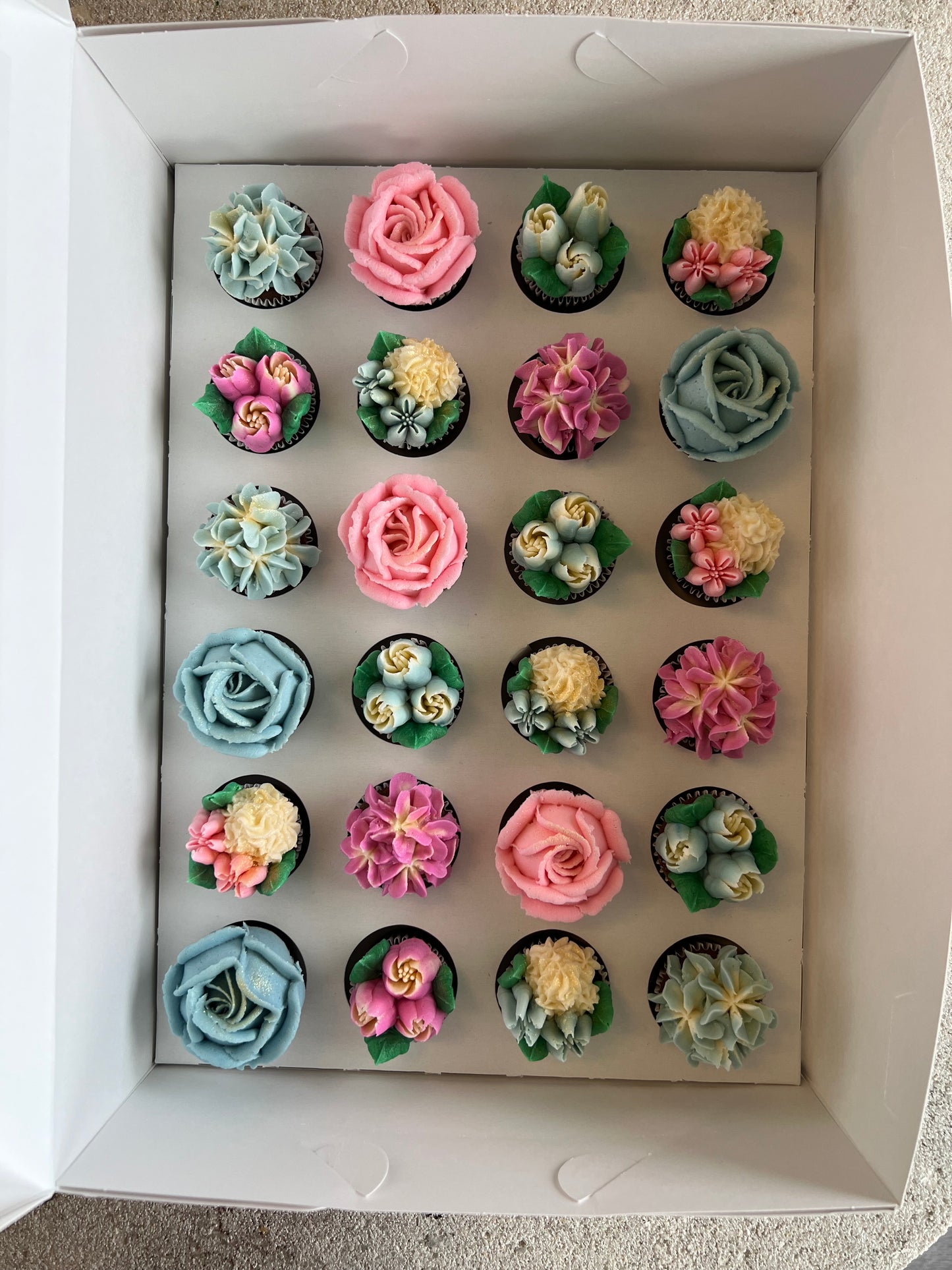 PINK & BLUE - Box of Mini 24 Floral Cupcakes - Edible Florals - Classic Mini 24 - Edible Arrangements - Fresh and Delicate Cupcake Creations - Dessert