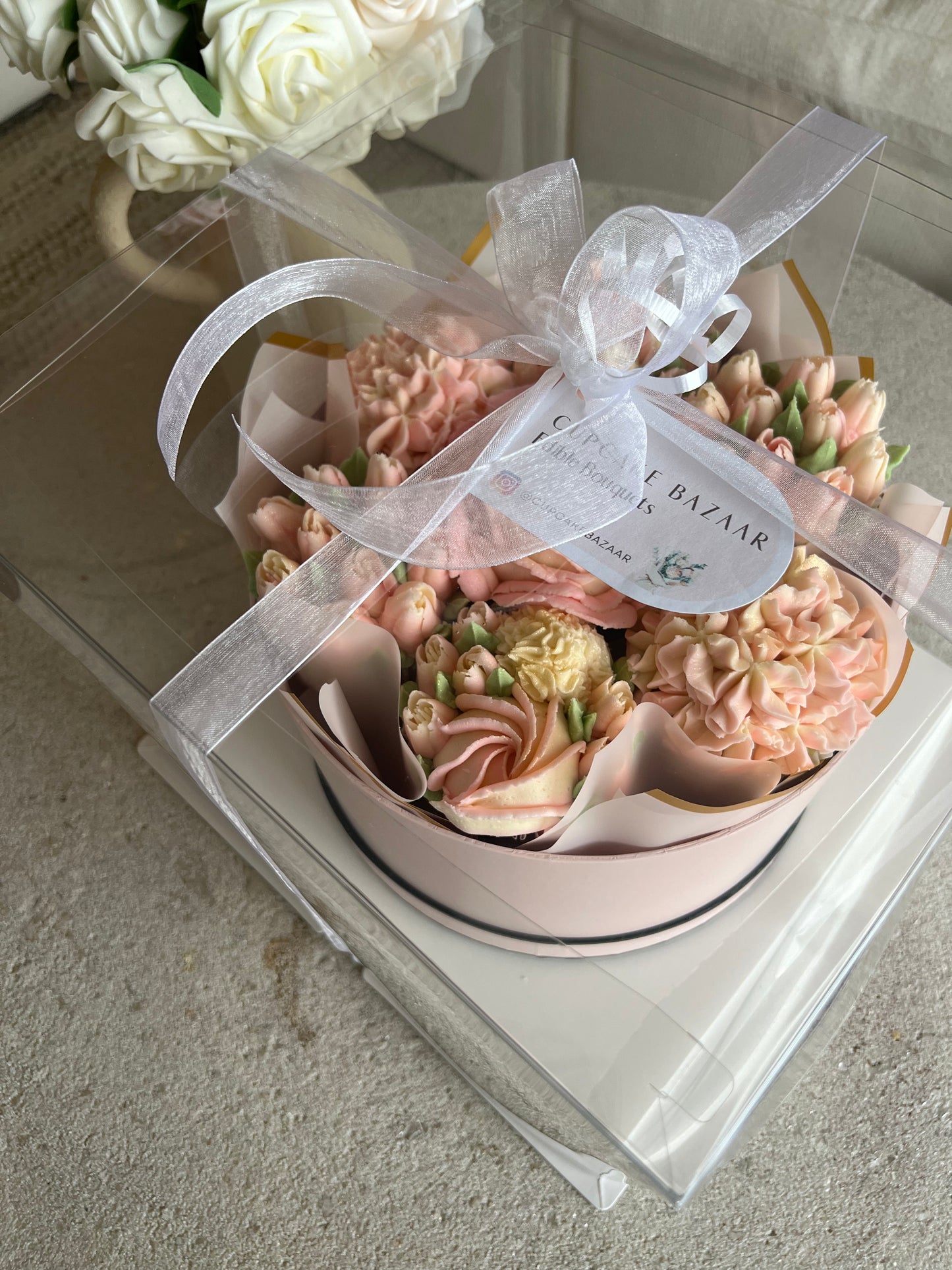 BLUSH - Bouquet of 7 Floral Cupcakes - Edible Florals - Deluxe Bouquet - Edible Arrangements - Fresh and Delicate Cupcake Creations - Flowers in a Box - Dessert