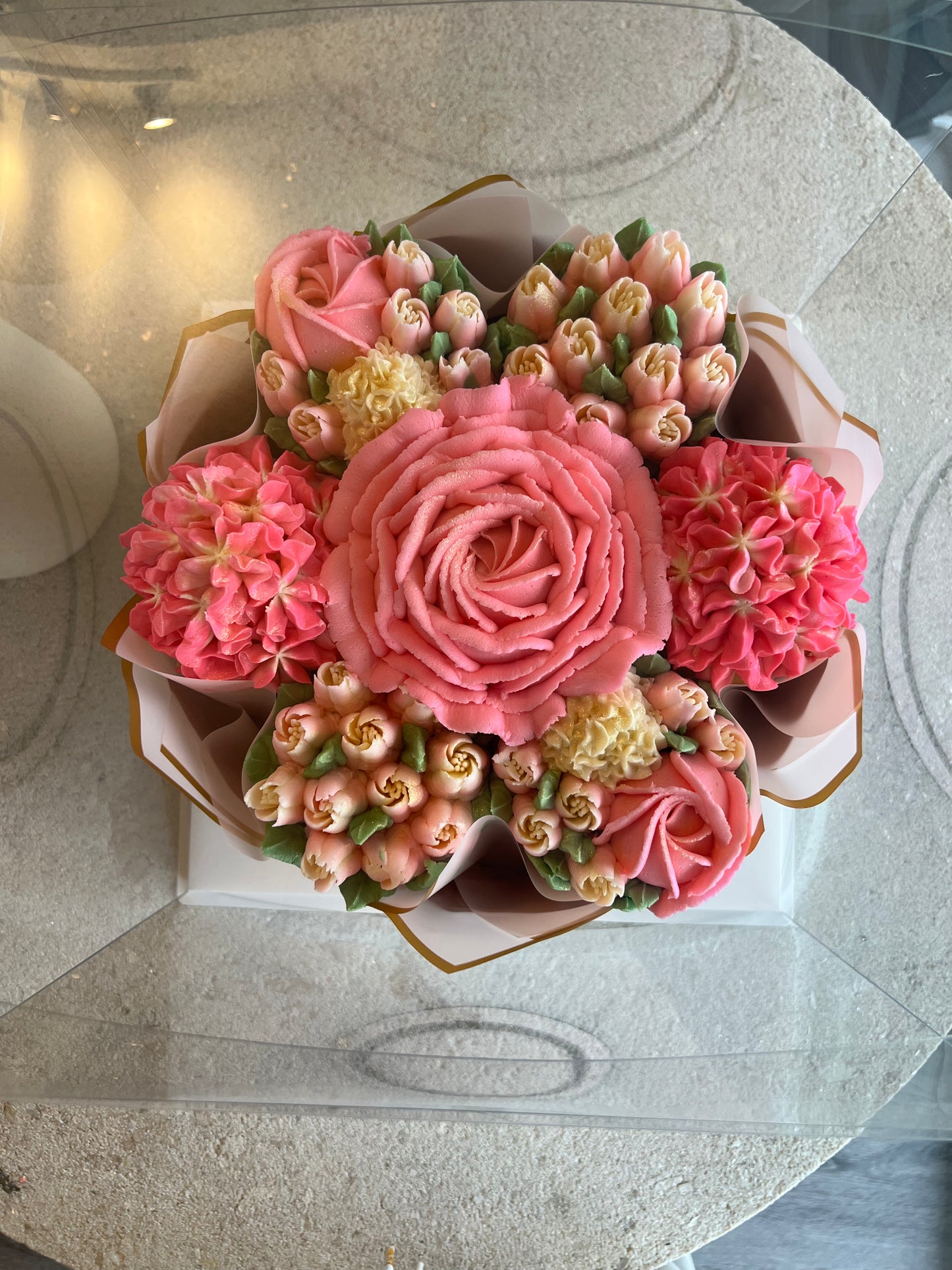 SHADES OF PINK - Bouquet of 7 Floral Cupcakes - Edible Florals - Deluxe Bouquet - Edible Arrangements - Fresh and Delicate Cupcake Creations - Flowers in a Box - Dessert