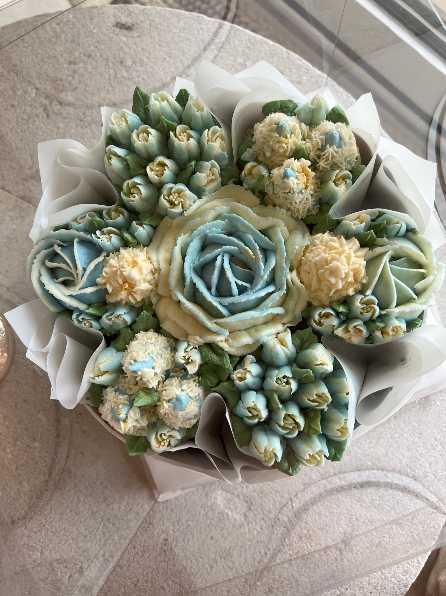 DUSTY BLUE - Bouquet of 7 Floral Cupcakes - Edible Florals - Deluxe Bouquet - Edible Arrangements - Fresh and Delicate Cupcake Creations - Flowers in a Box - Dessert