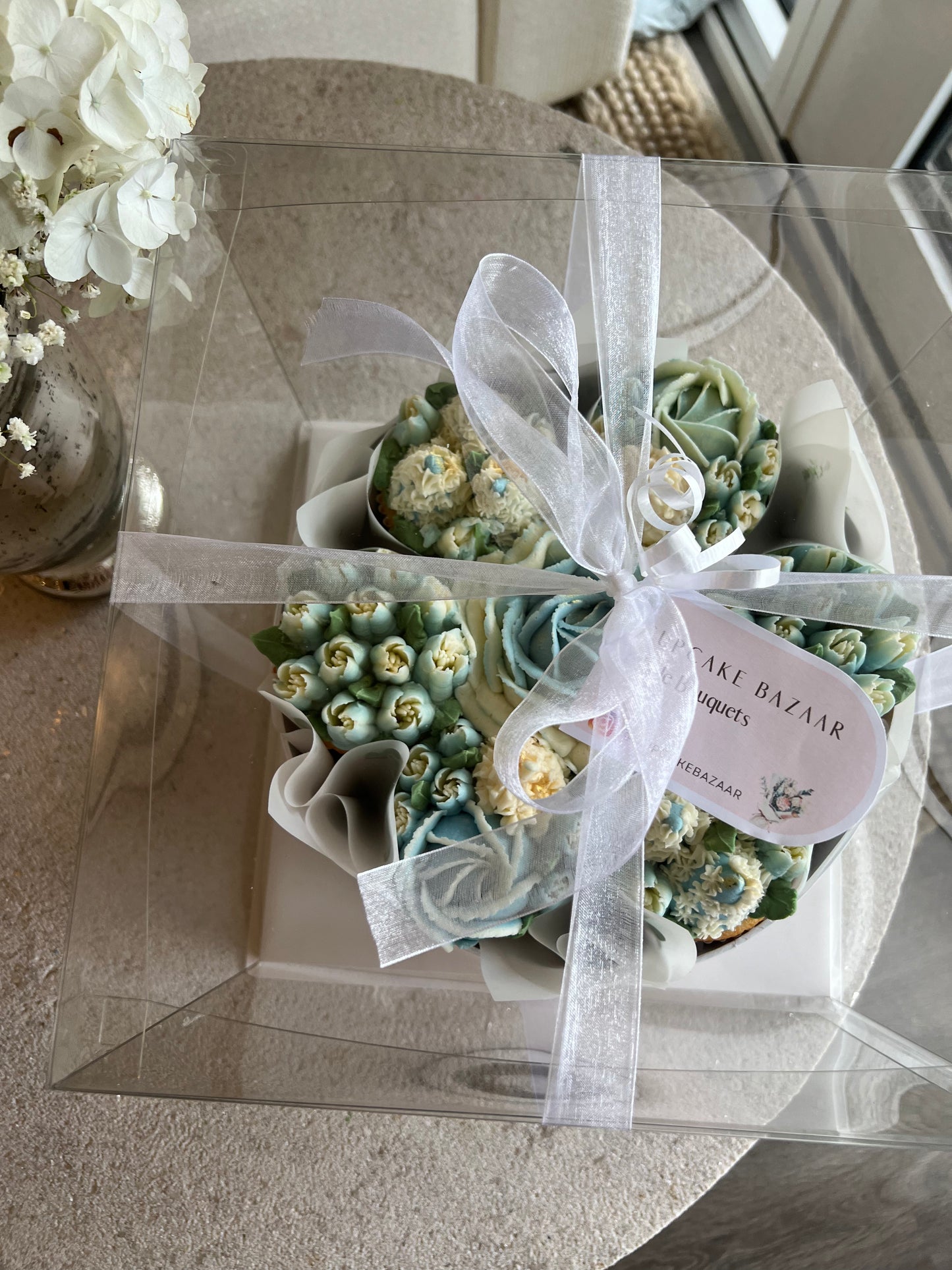 DUSTY BLUE - Bouquet of 7 Floral Cupcakes - Edible Florals - Deluxe Bouquet - Edible Arrangements - Fresh and Delicate Cupcake Creations - Flowers in a Box - Dessert
