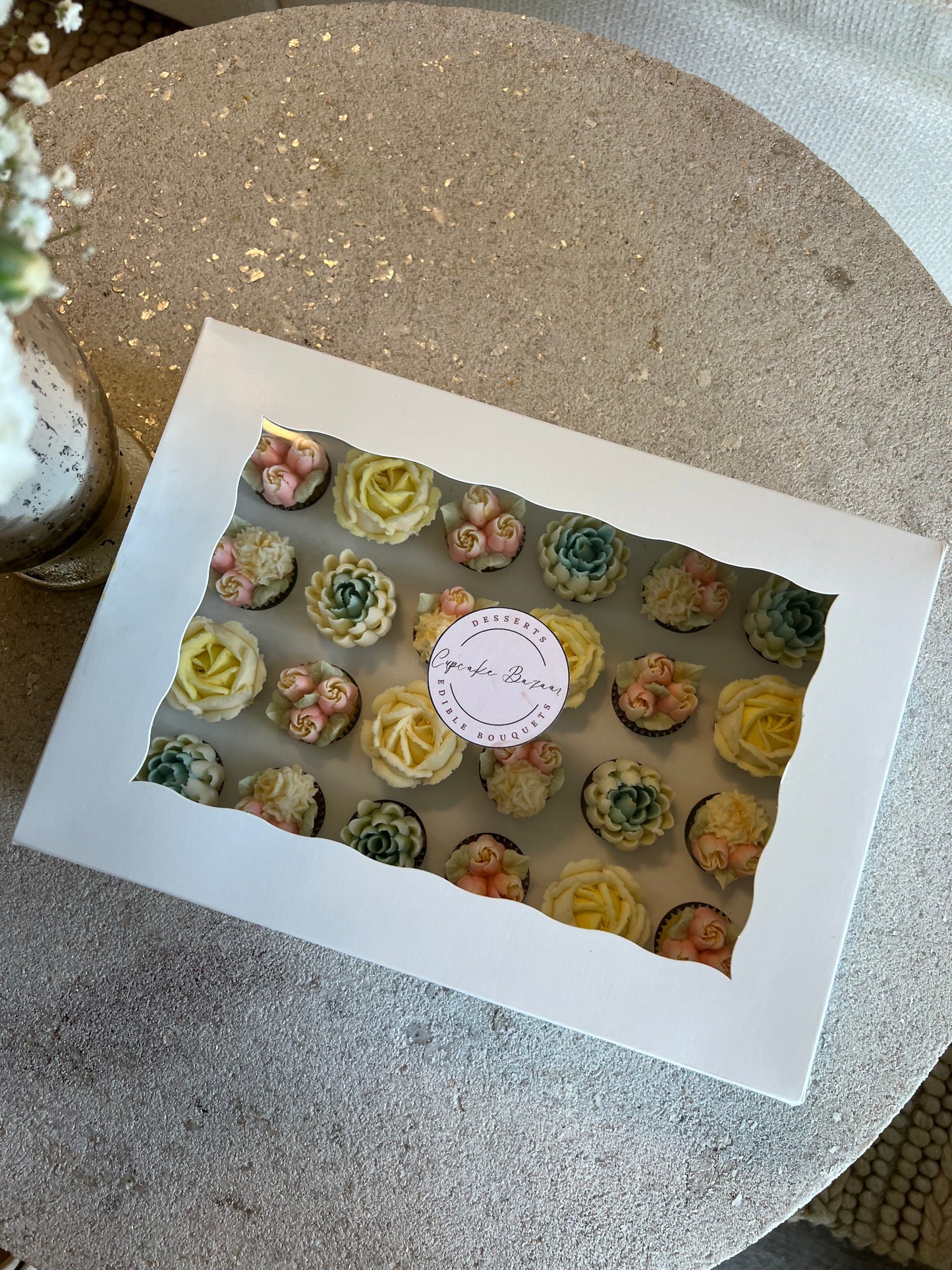 PASTELS - Box of Mini 24 Floral Cupcakes - Edible Florals - Classic Mini 24 - Edible Arrangements - Fresh and Delicate Cupcake Creations - Dessert