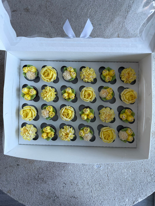SUNSHINE - Box of Mini 24 Floral Cupcakes - Edible Florals - Classic Mini 24 - Edible Arrangements - Fresh and Delicate Cupcake Creations - Dessert