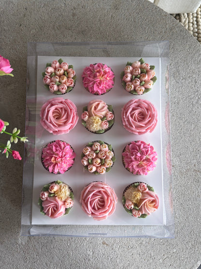 SHADES OF PINK - Box of 12 Floral Cupcakes - Edible Florals - Classic Standard 12 - Edible Arrangements - Fresh and Delicate Cupcake Creations - Dessert