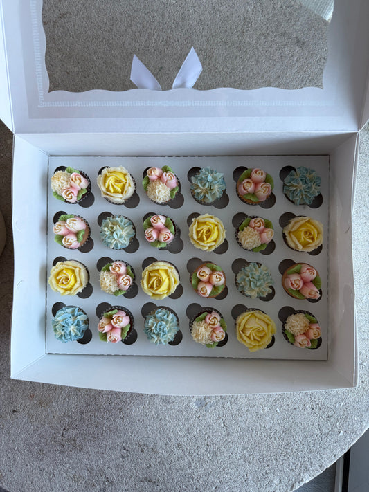 PASTELS - Box of Mini 24 Floral Cupcakes - Edible Florals - Classic Mini 24 - Edible Arrangements - Fresh and Delicate Cupcake Creations - Dessert