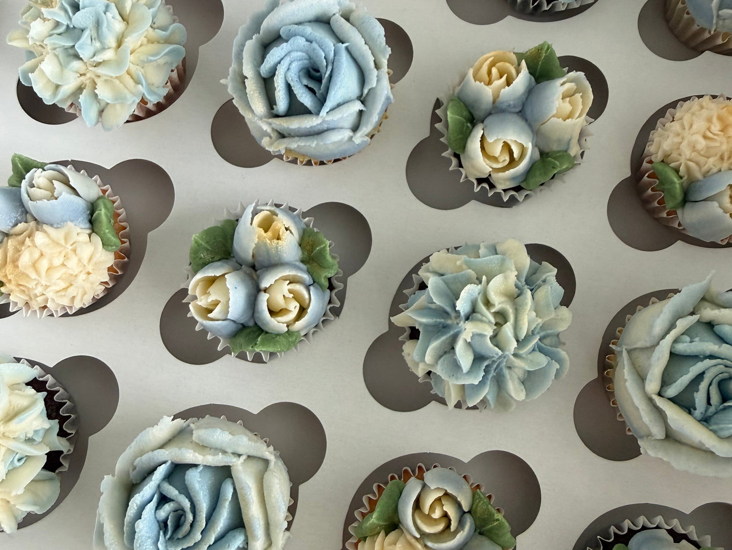 DUSTY BLUE - Box of Mini 24 Floral Cupcakes - Edible Florals - Classic Mini 24 - Edible Arrangements - Fresh and Delicate Cupcake Creations - Dessert