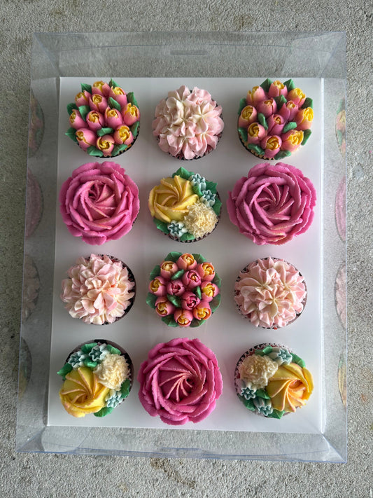 SPRING - Box of 12 Floral Cupcakes - Edible Florals - Classic Standard 12 - Edible Arrangements - Fresh and Delicate Cupcake Creations - Dessert