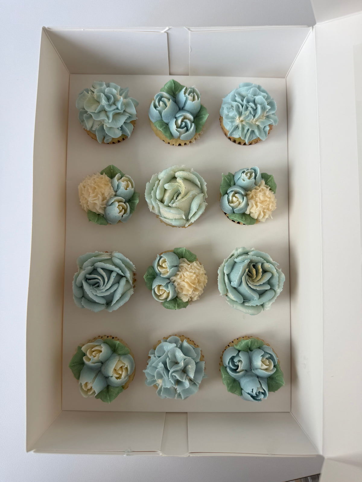 DUSTY BLUE - Box of Mini 12 Floral Cupcakes - Edible Florals - Classic Mini 12 - Edible Arrangements - Fresh and Delicate Cupcake Creations - Dessert