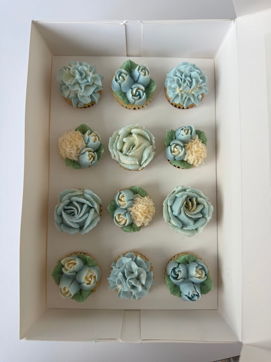DUSTY BLUE - Box of Mini 12 Floral Cupcakes - Edible Florals - Classic Mini 12 - Edible Arrangements - Fresh and Delicate Cupcake Creations - Dessert