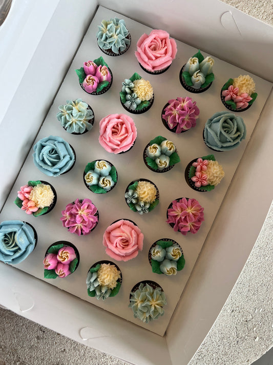 PINK & BLUE - Box of Mini 24 Floral Cupcakes - Edible Florals - Classic Mini 24 - Edible Arrangements - Fresh and Delicate Cupcake Creations - Dessert