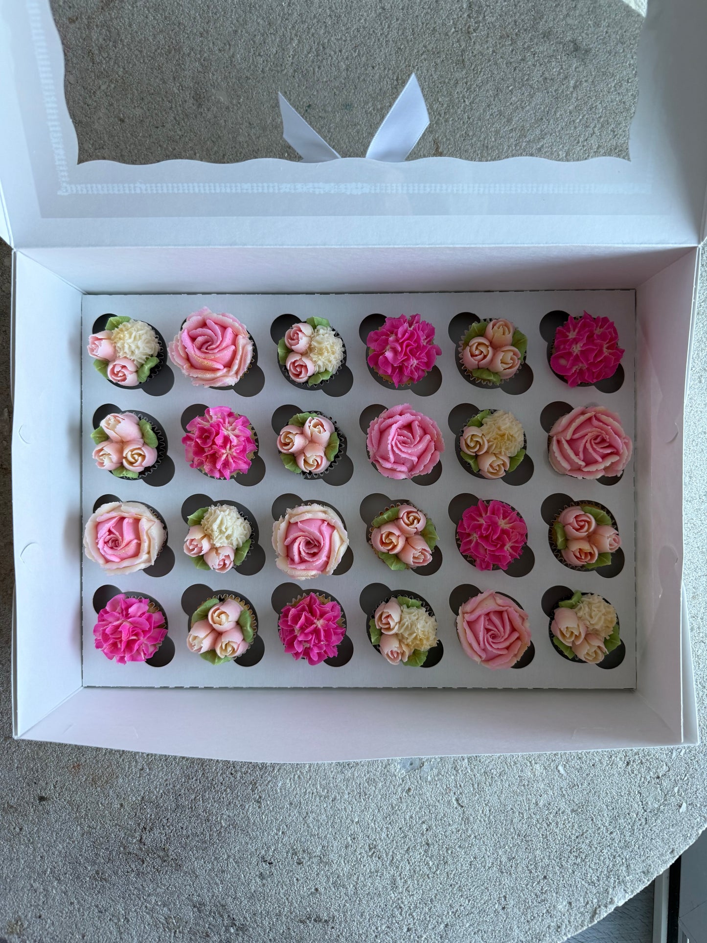 SHADES OF PINK - Box of Mini 24 Floral Cupcakes - Edible Florals - Classic Mini 24 - Edible Arrangements - Fresh and Delicate Cupcake Creations - Dessert