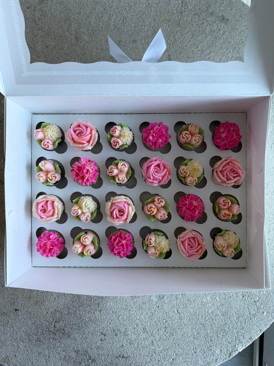 SHADES OF PINK - Box of Mini 24 Floral Cupcakes - Edible Florals - Classic Mini 24 - Edible Arrangements - Fresh and Delicate Cupcake Creations - Dessert