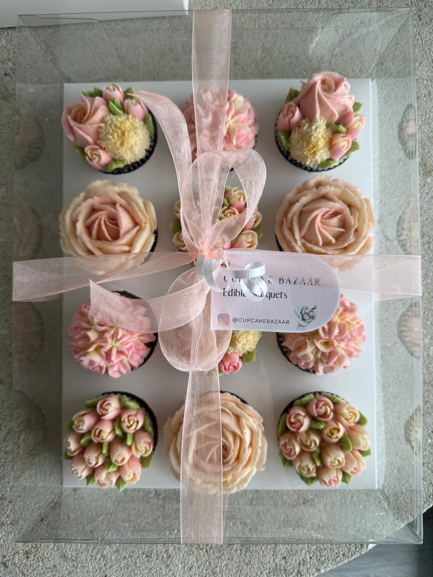BLUSH - Box of 12 Floral Cupcakes - Edible Florals - Classic Standard 12 - Edible Arrangements - Fresh and Delicate Cupcake Creations - Dessert