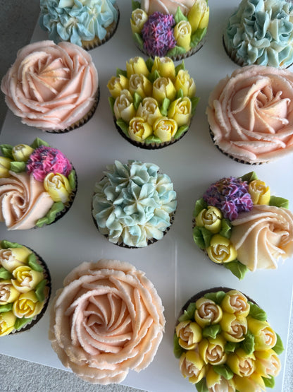 HIGH TEA - Box of 12 Floral Cupcakes - Edible Florals - Classic Standard 12 - Edible Arrangements - Fresh and Delicate Cupcake Creations - Dessert