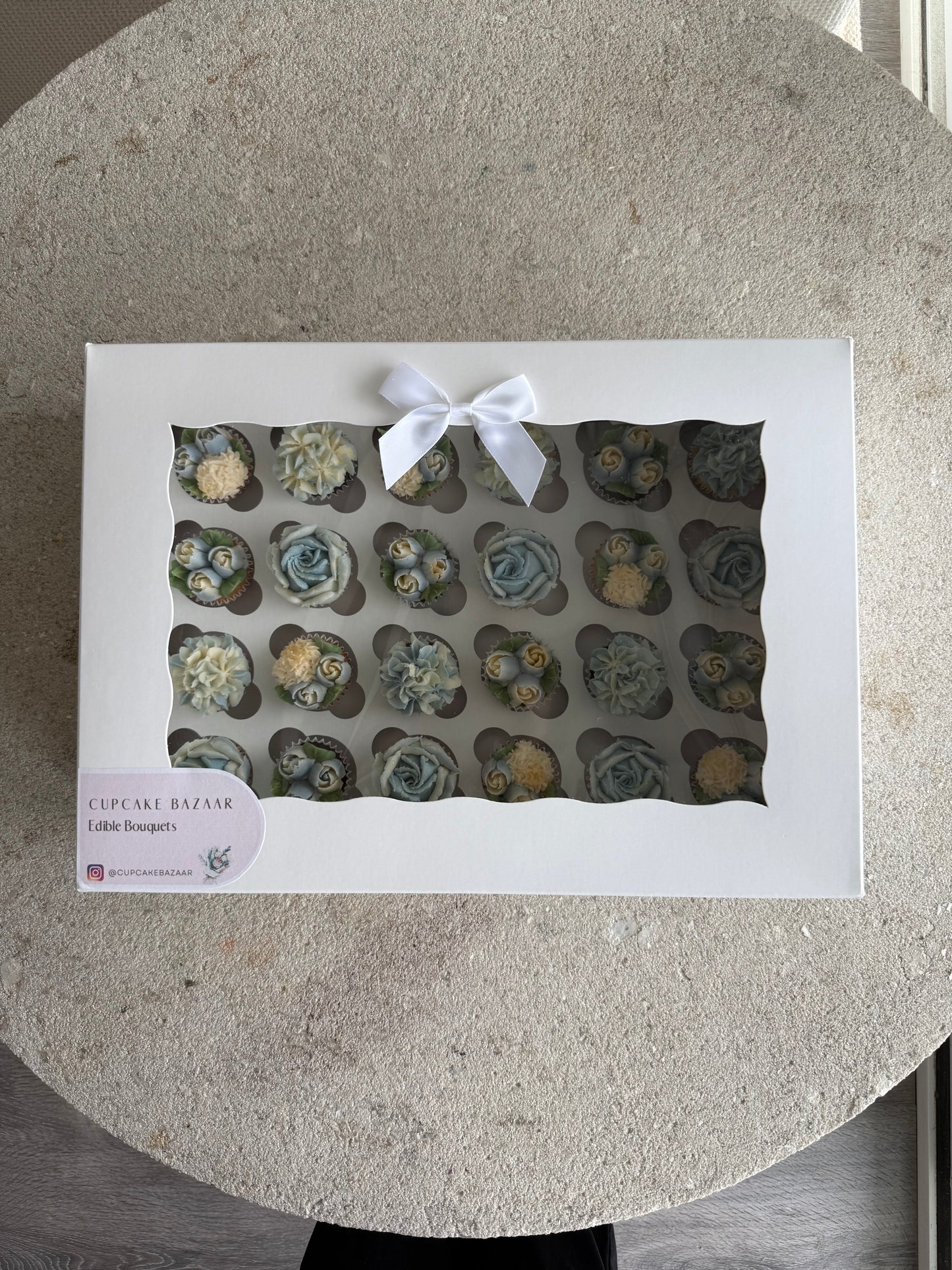 DUSTY BLUE - Box of Mini 24 Floral Cupcakes - Edible Florals - Classic Mini 24 - Edible Arrangements - Fresh and Delicate Cupcake Creations - Dessert