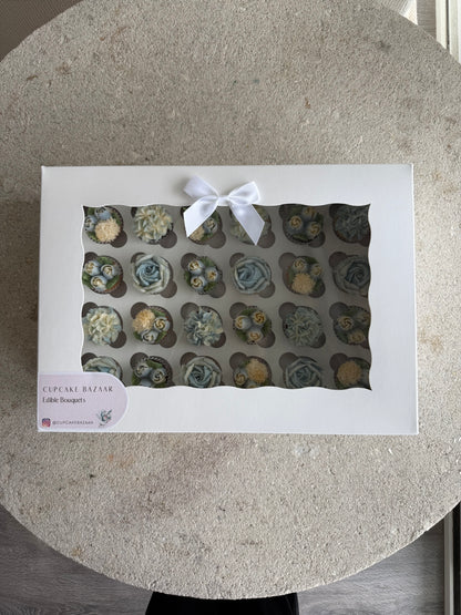 DUSTY BLUE - Box of Mini 24 Floral Cupcakes - Edible Florals - Classic Mini 24 - Edible Arrangements - Fresh and Delicate Cupcake Creations - Dessert