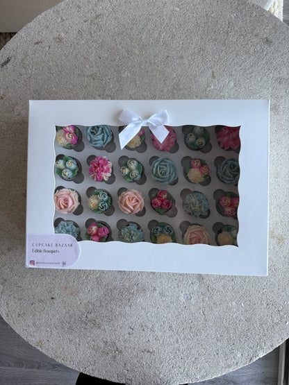 PINK & BLUE - Box of Mini 24 Floral Cupcakes - Edible Florals - Classic Mini 24 - Edible Arrangements - Fresh and Delicate Cupcake Creations - Dessert