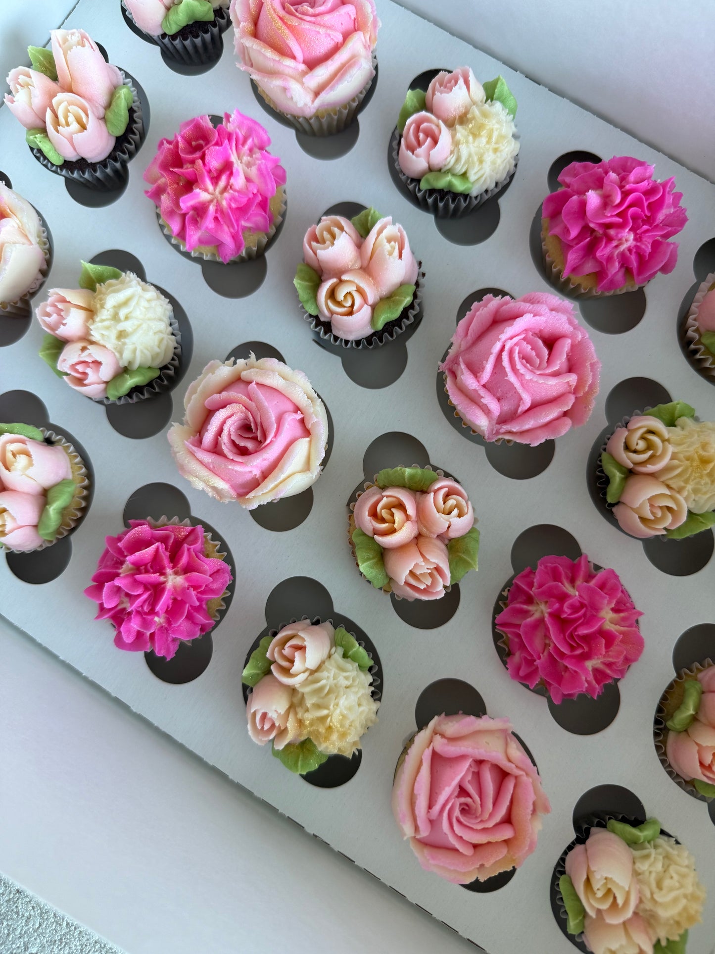 SHADES OF PINK - Box of Mini 24 Floral Cupcakes - Edible Florals - Classic Mini 24 - Edible Arrangements - Fresh and Delicate Cupcake Creations - Dessert