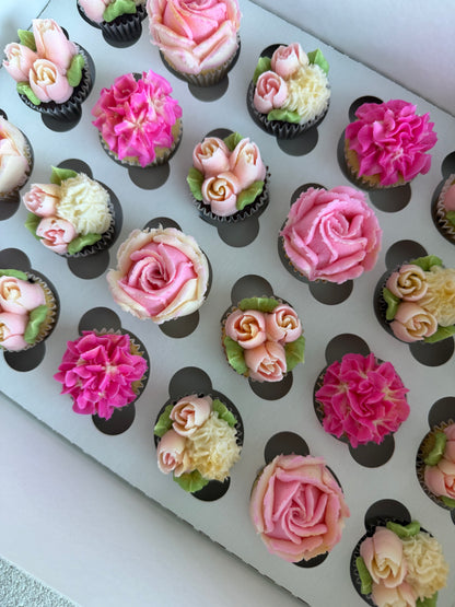 SHADES OF PINK - Box of Mini 24 Floral Cupcakes - Edible Florals - Classic Mini 24 - Edible Arrangements - Fresh and Delicate Cupcake Creations - Dessert