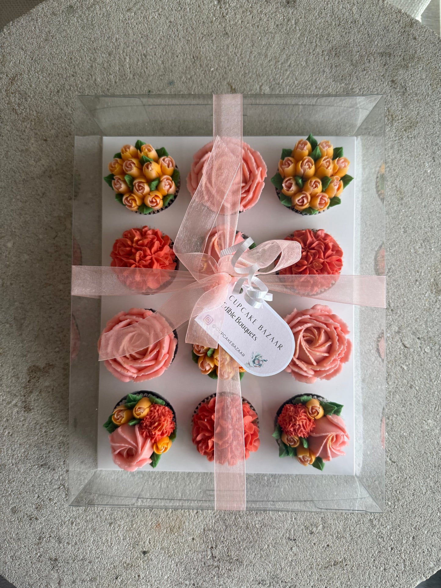 SUNSET - Box of 12 Floral Cupcakes - Edible Florals - Classic Standard 12 - Edible Arrangements - Fresh and Delicate Cupcake Creations - Dessert