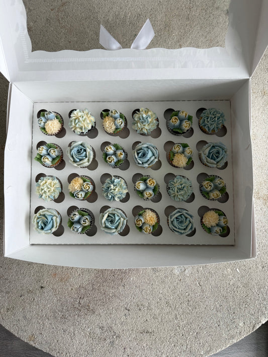 DUSTY BLUE - Box of Mini 24 Floral Cupcakes - Edible Florals - Classic Mini 24 - Edible Arrangements - Fresh and Delicate Cupcake Creations - Dessert