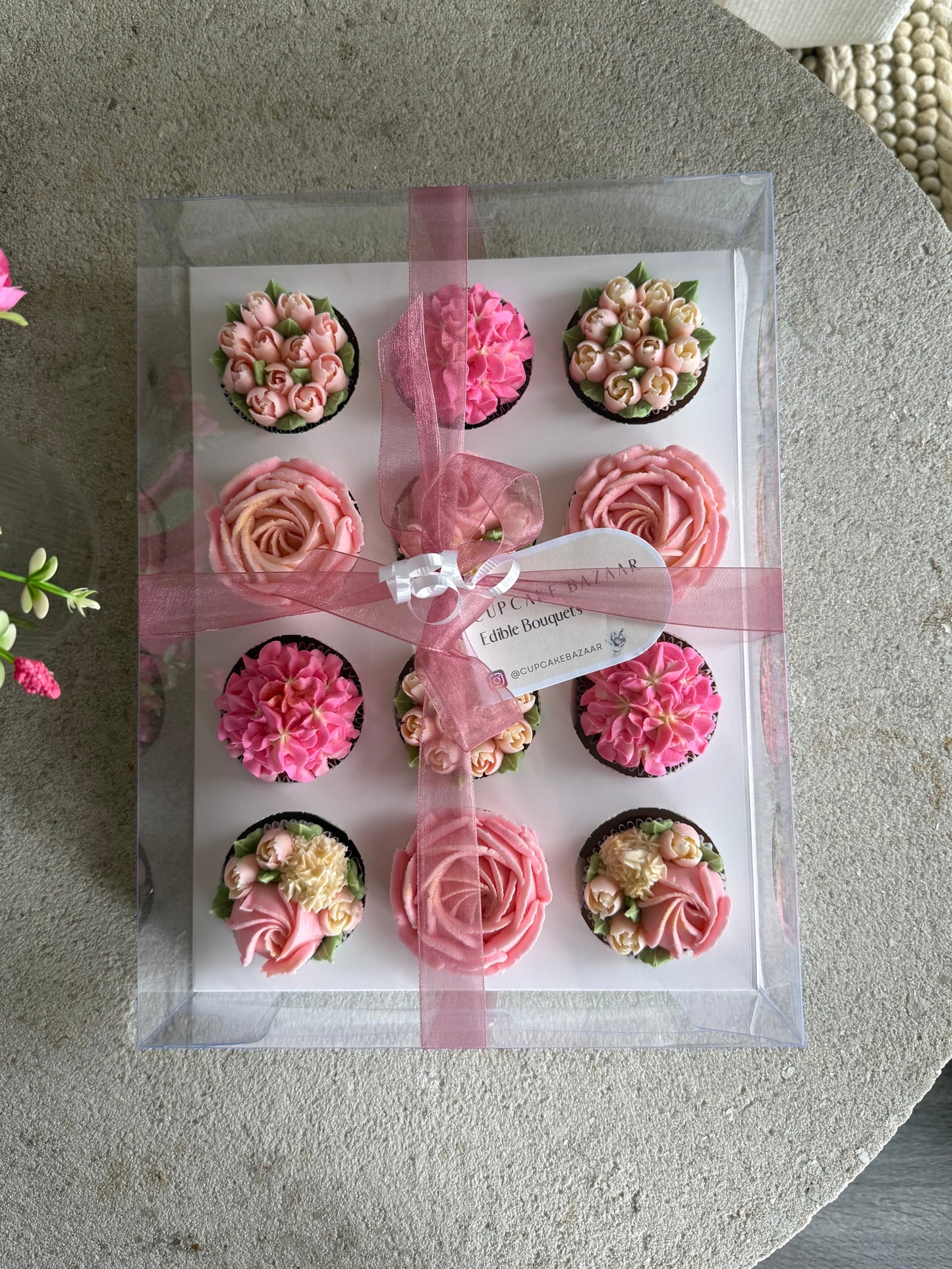SHADES OF PINK - Box of 12 Floral Cupcakes - Edible Florals - Classic Standard 12 - Edible Arrangements - Fresh and Delicate Cupcake Creations - Dessert