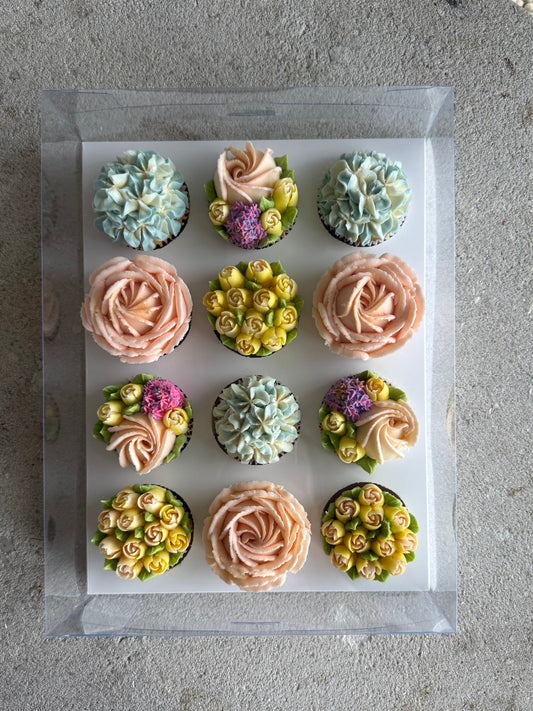 HIGH TEA - Box of 12 Floral Cupcakes - Edible Florals - Classic Standard 12 - Edible Arrangements - Fresh and Delicate Cupcake Creations - Dessert