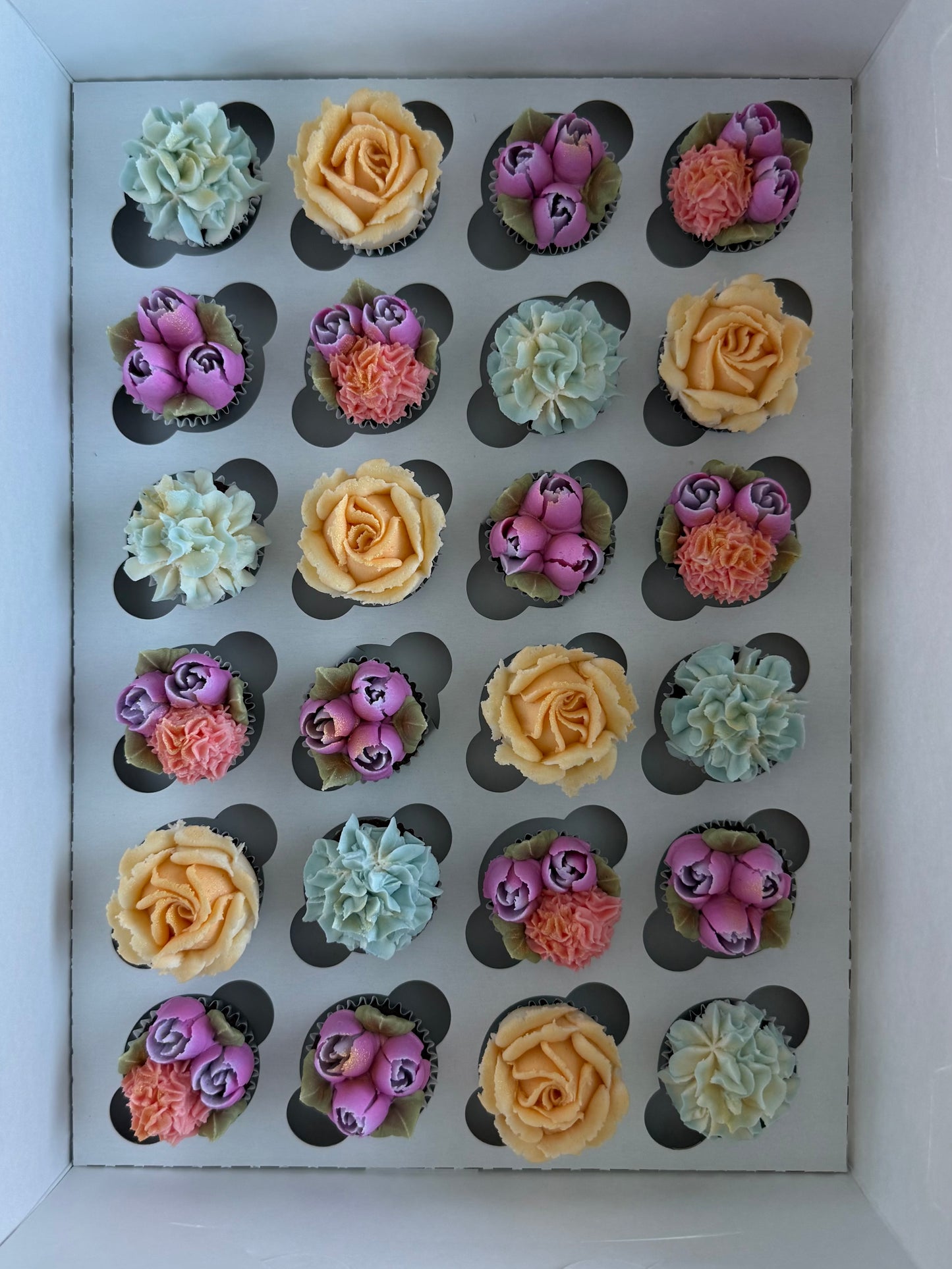 RUMI - Box of Mini 24 Floral Cupcakes - Edible Florals - Classic Mini 24 - Edible Arrangements - Fresh and Delicate Cupcake Creations - Dessert