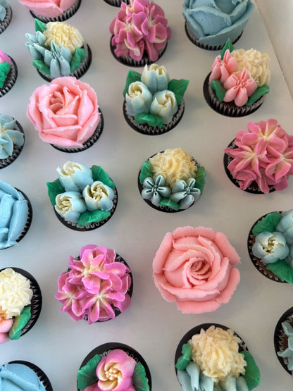 PINK & BLUE - Box of Mini 24 Floral Cupcakes - Edible Florals - Classic Mini 24 - Edible Arrangements - Fresh and Delicate Cupcake Creations - Dessert