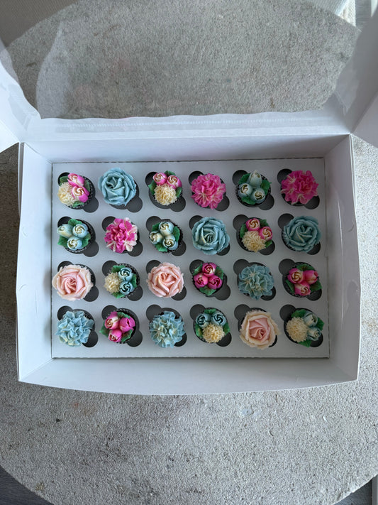 PINK & BLUE - Box of Mini 24 Floral Cupcakes - Edible Florals - Classic Mini 24 - Edible Arrangements - Fresh and Delicate Cupcake Creations - Dessert