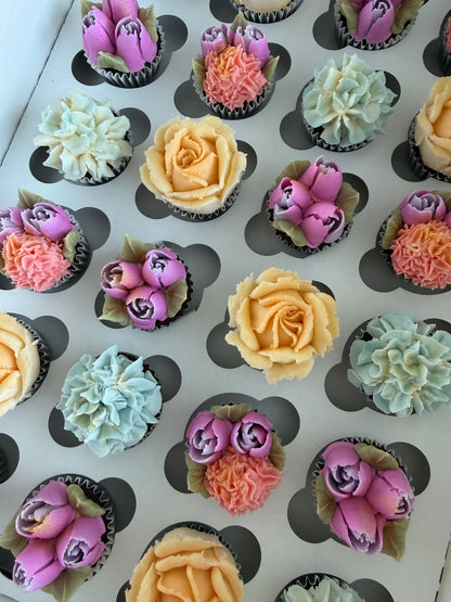RUMI - Box of Mini 24 Floral Cupcakes - Edible Florals - Classic Mini 24 - Edible Arrangements - Fresh and Delicate Cupcake Creations - Dessert