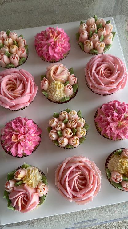 SHADES OF PINK - Box of 12 Floral Cupcakes - Edible Florals - Classic Standard 12 - Edible Arrangements - Fresh and Delicate Cupcake Creations - Dessert