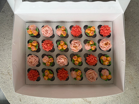 SUNSET - Box of Mini 24 Floral Cupcakes - Edible Florals - Classic Mini 24 - Edible Arrangements - Fresh and Delicate Cupcake Creations - Dessert