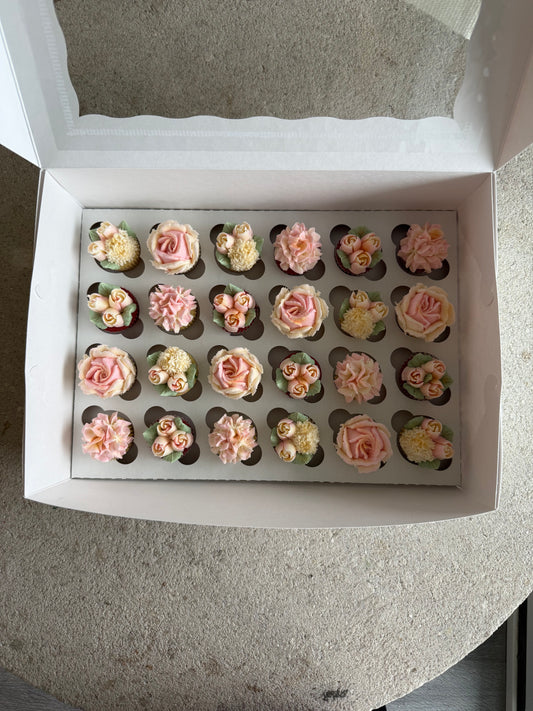 BLUSH - Box of Mini 24 Floral Cupcakes - Edible Florals - Classic Mini 24 - Edible Arrangements - Fresh and Delicate Cupcake Creations - Dessert