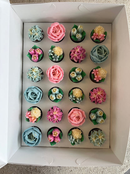 PINK & BLUE - Box of Mini 24 Floral Cupcakes - Edible Florals - Classic Mini 24 - Edible Arrangements - Fresh and Delicate Cupcake Creations - Dessert