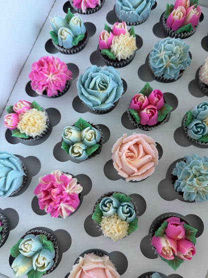 PINK & BLUE - Box of Mini 24 Floral Cupcakes - Edible Florals - Classic Mini 24 - Edible Arrangements - Fresh and Delicate Cupcake Creations - Dessert