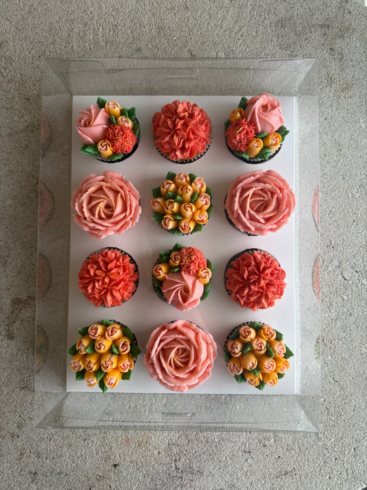 SUNSET - Box of 12 Floral Cupcakes - Edible Florals - Classic Standard 12 - Edible Arrangements - Fresh and Delicate Cupcake Creations - Dessert