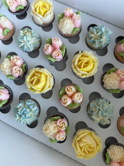 PASTELS - Box of Mini 24 Floral Cupcakes - Edible Florals - Classic Mini 24 - Edible Arrangements - Fresh and Delicate Cupcake Creations - Dessert