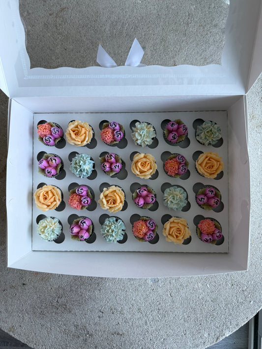 RUMI - Box of Mini 24 Floral Cupcakes - Edible Florals - Classic Mini 24 - Edible Arrangements - Fresh and Delicate Cupcake Creations - Dessert