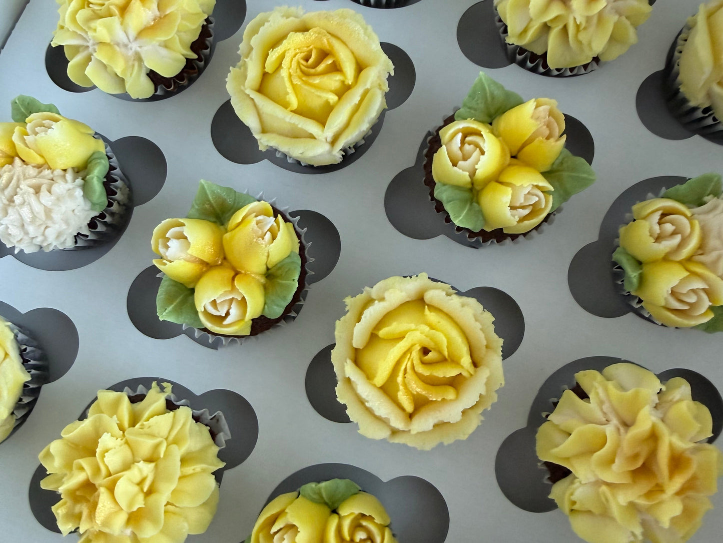 SUNSHINE - Box of Mini 24 Floral Cupcakes - Edible Florals - Classic Mini 24 - Edible Arrangements - Fresh and Delicate Cupcake Creations - Dessert
