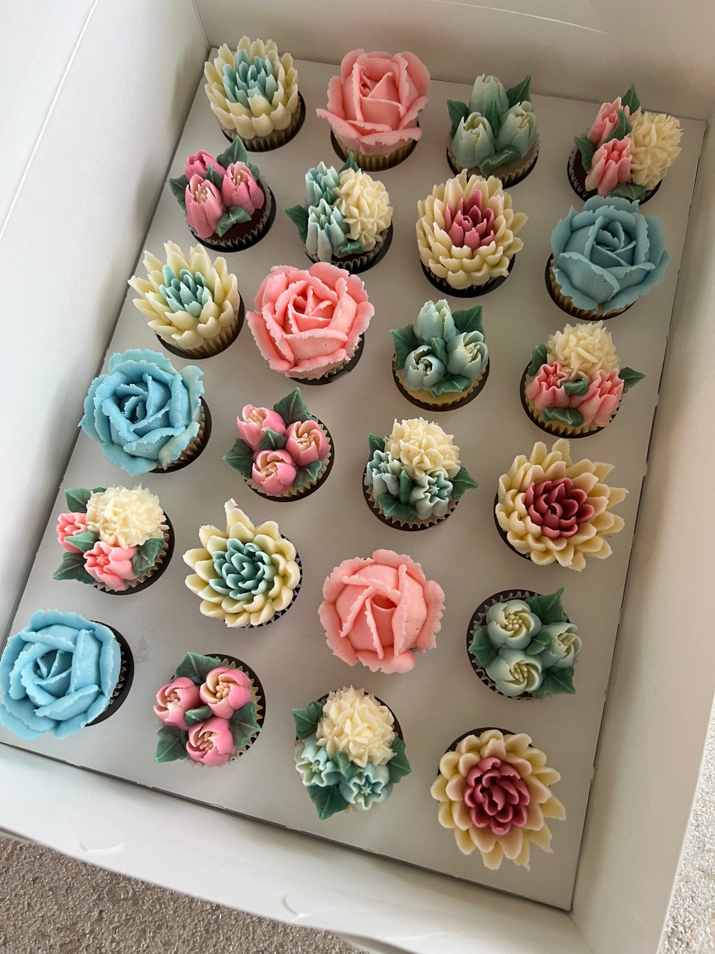 PINK & BLUE - Box of Mini 24 Floral Cupcakes - Edible Florals - Classic Mini 24 - Edible Arrangements - Fresh and Delicate Cupcake Creations - Dessert