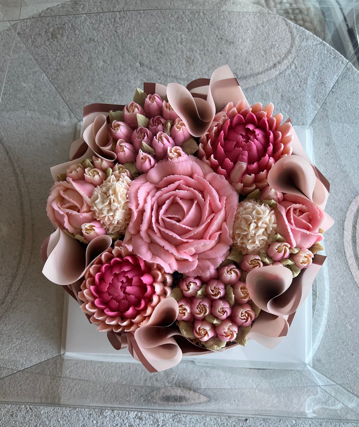 SHADES OF PINK - Bouquet of 7 Floral Cupcakes - Edible Florals - Deluxe Bouquet - Edible Arrangements - Fresh and Delicate Cupcake Creations - Flowers in a Box - Dessert