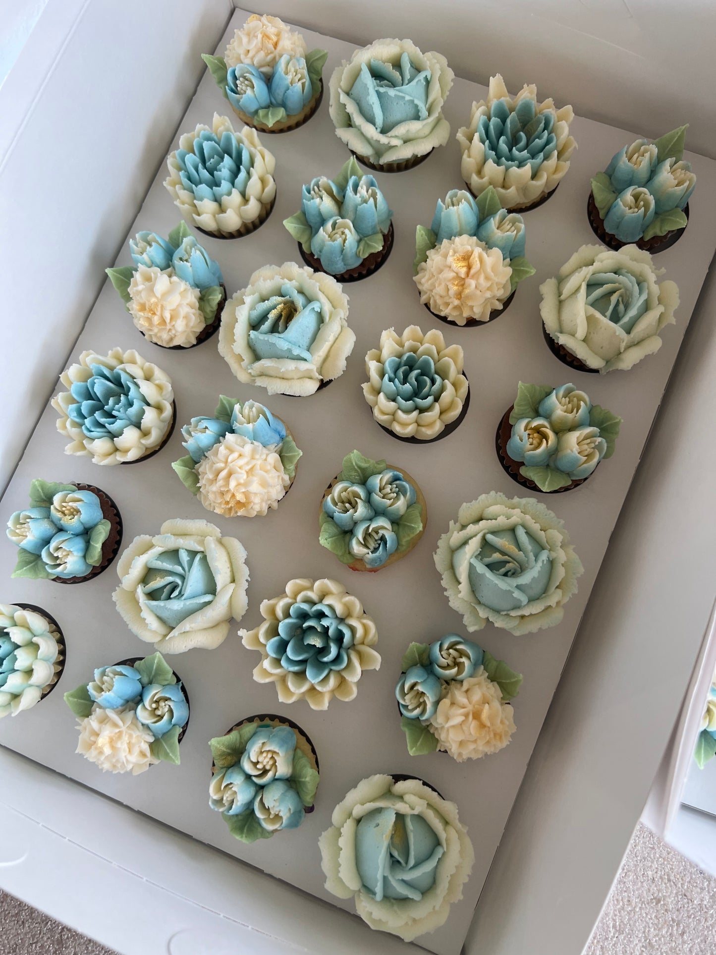 DUSTY BLUE - Box of Mini 24 Floral Cupcakes - Edible Florals - Classic Mini 24 - Edible Arrangements - Fresh and Delicate Cupcake Creations - Dessert