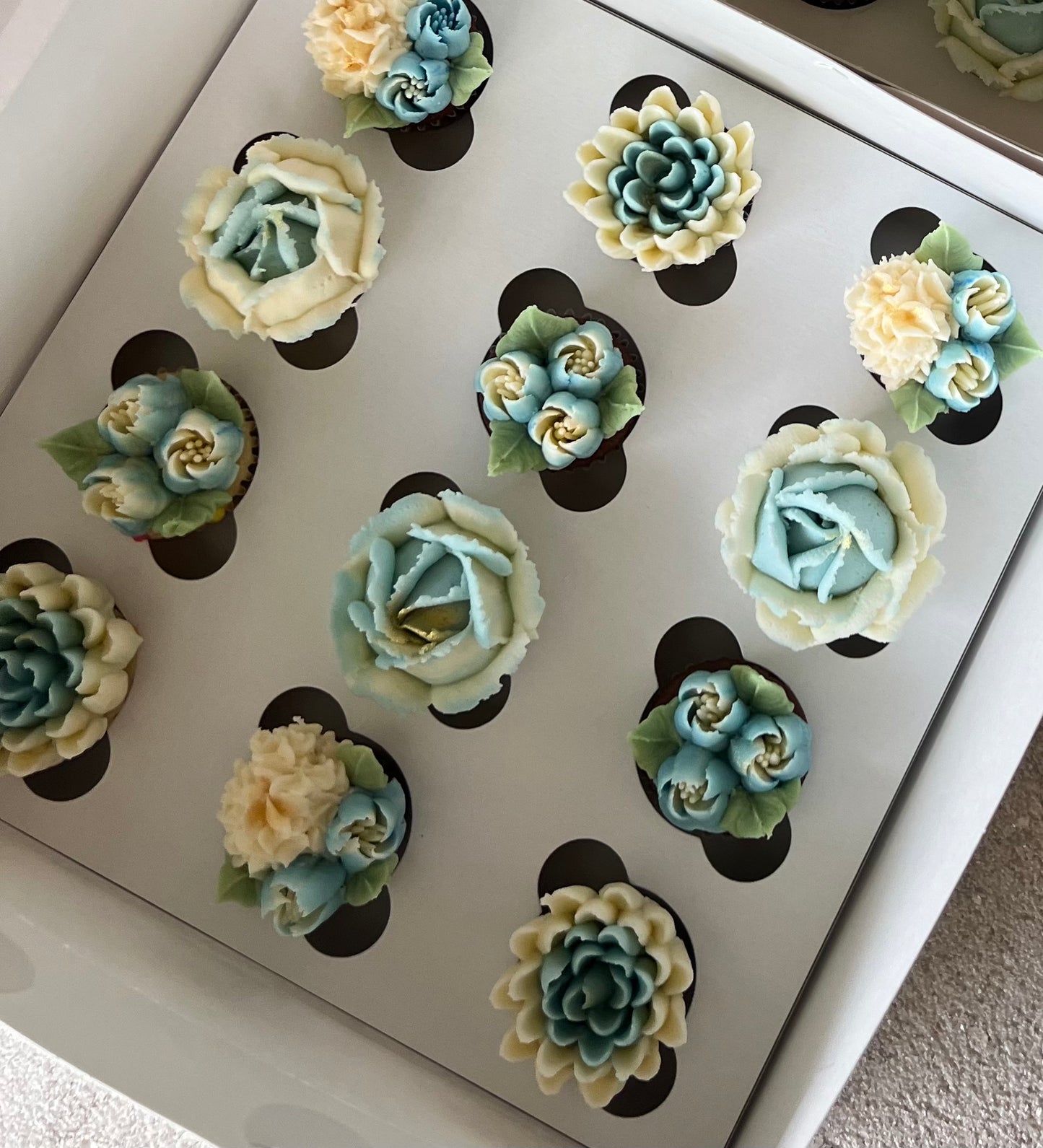 DUSTY BLUE - Box of Mini 12 Floral Cupcakes - Edible Florals - Classic Mini 12 - Edible Arrangements - Fresh and Delicate Cupcake Creations - Dessert