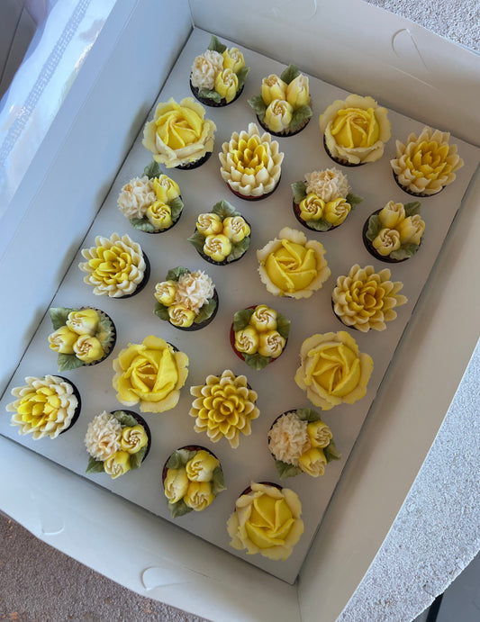 SUNSHINE - Box of Mini 24 Floral Cupcakes - Edible Florals - Classic Mini 24 - Edible Arrangements - Fresh and Delicate Cupcake Creations - Dessert