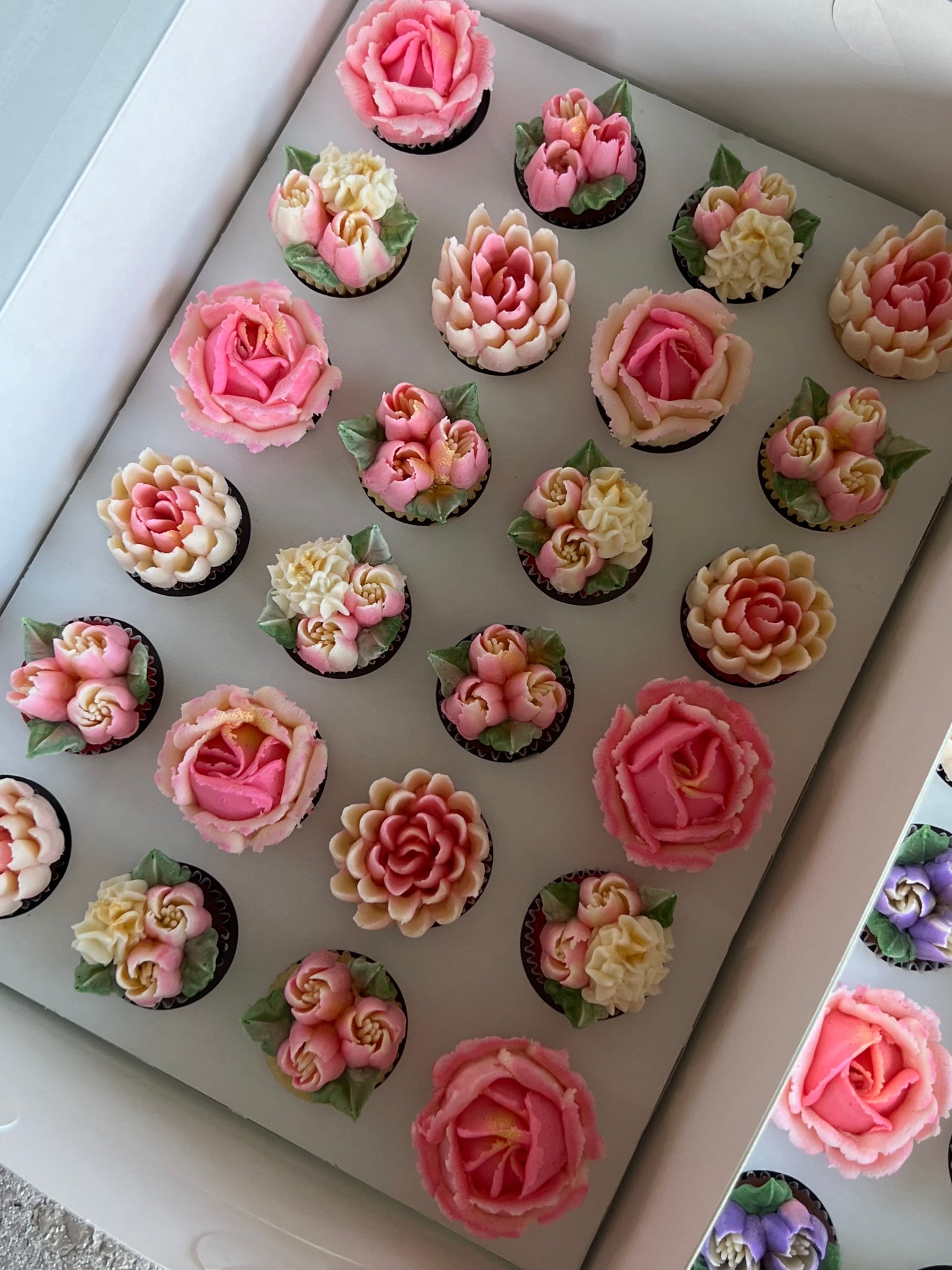 SHADES OF PINK - Box of Mini 24 Floral Cupcakes - Edible Florals - Classic Mini 24 - Edible Arrangements - Fresh and Delicate Cupcake Creations - Dessert