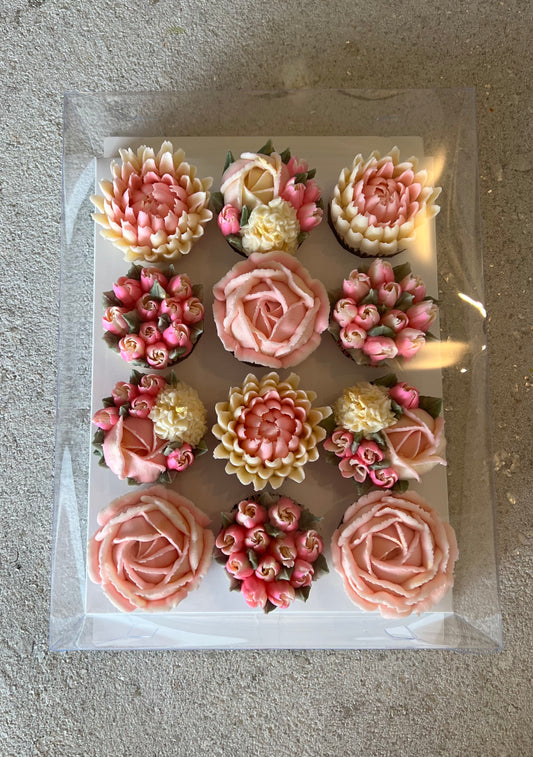 SHADES OF PINK - Box of 12 Floral Cupcakes - Edible Florals - Classic Standard 12 - Edible Arrangements - Fresh and Delicate Cupcake Creations - Dessert