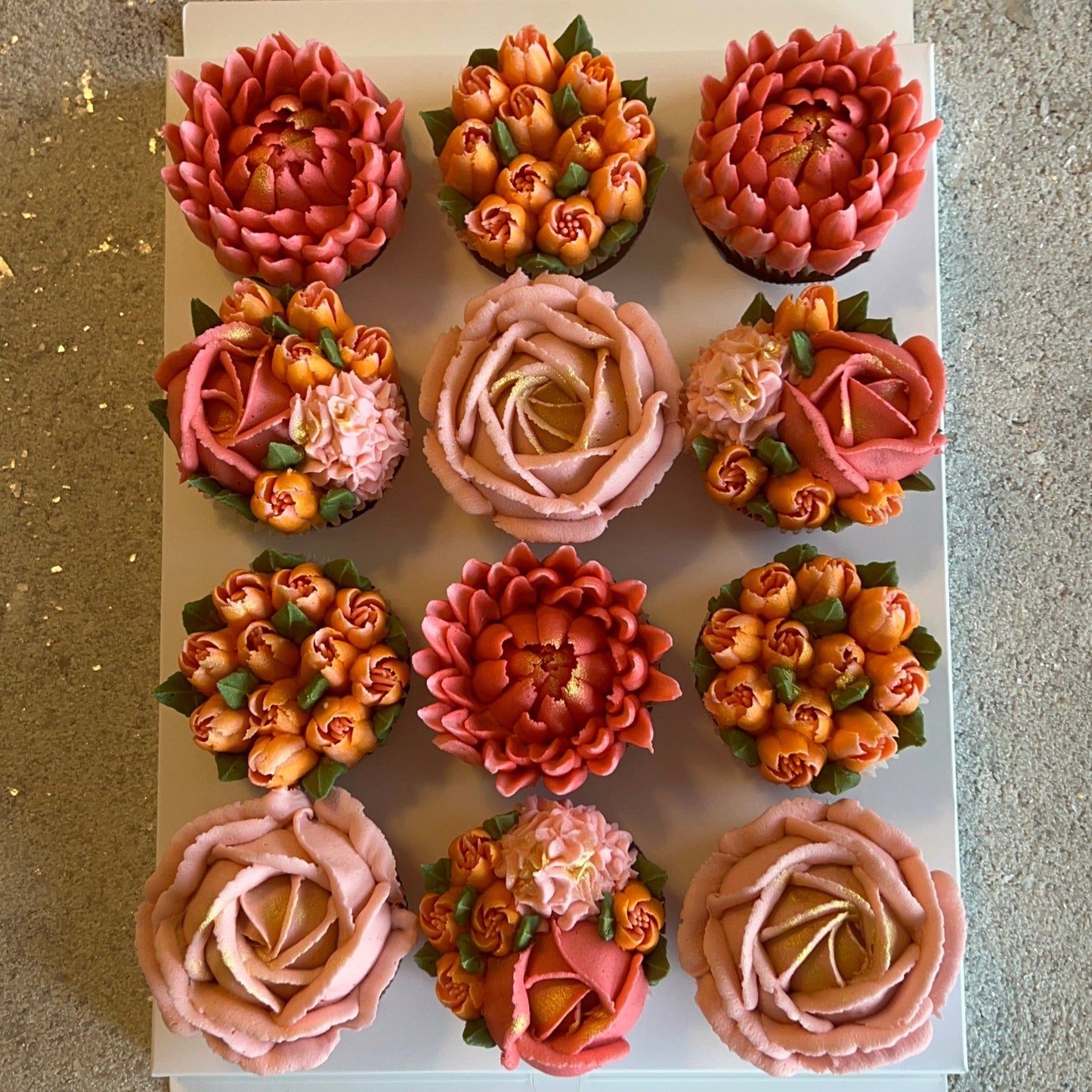 SUNSET - Box of 12 Floral Cupcakes - Edible Florals - Classic Standard 12 - Edible Arrangements - Fresh and Delicate Cupcake Creations - Dessert