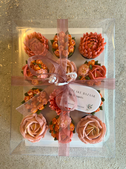 SUNSET - Box of 12 Floral Cupcakes - Edible Florals - Classic Standard 12 - Edible Arrangements - Fresh and Delicate Cupcake Creations - Dessert